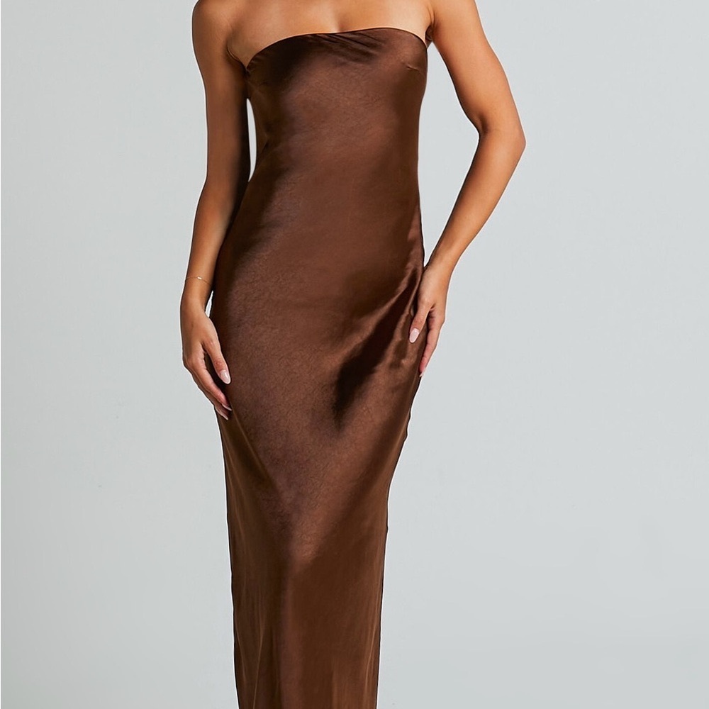 CHARLITA MAXI DRESS - STRAPLESS COWL BACK SATIN DRESS IN CHOCOLATE